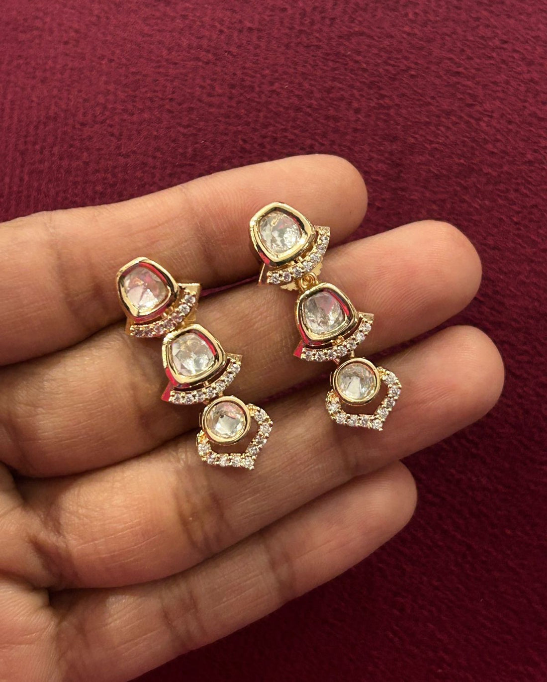 Elegant Kundan Short Necklace Set White Green Pink Detailing Real Gold Tone with Earrings