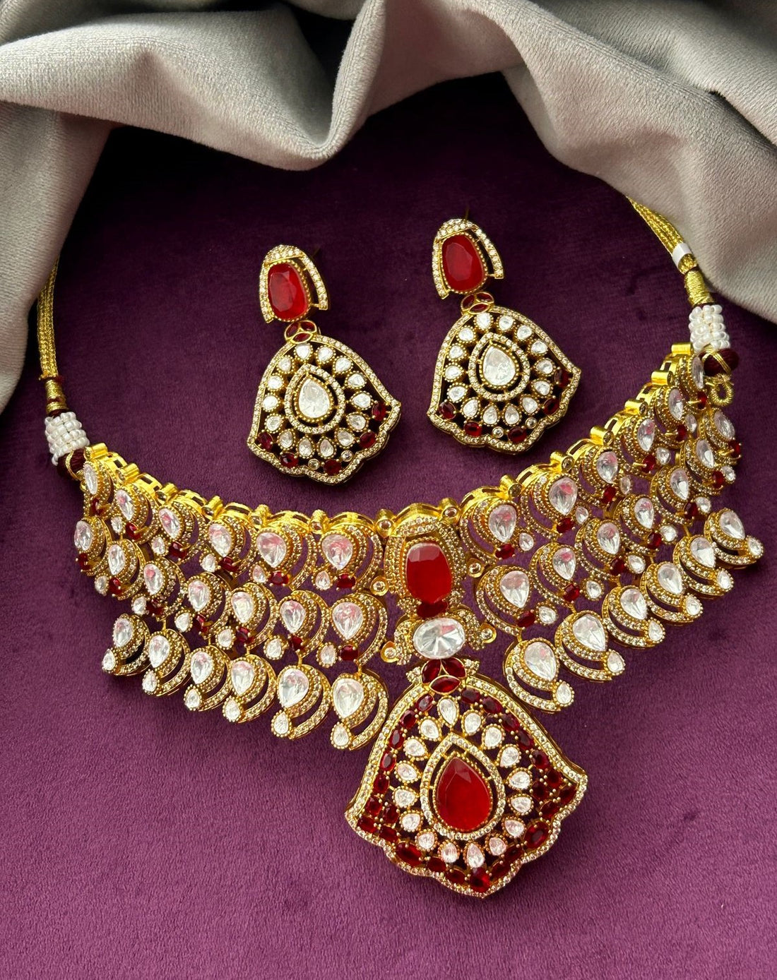 Premium Emerald Green and Ruby Red Bridal Polki Choker Necklace Set with Earrings