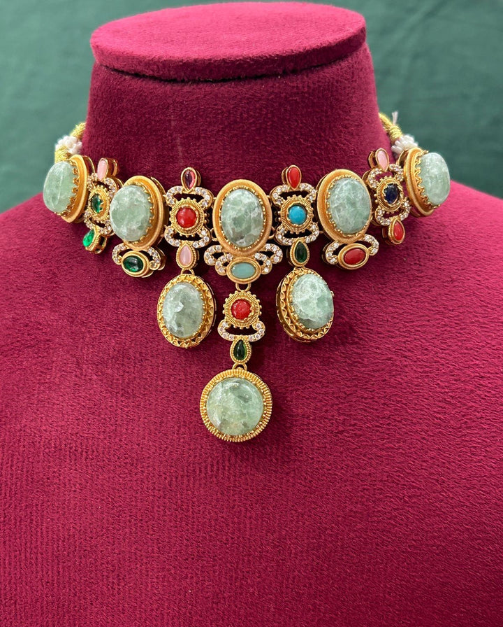 Premium Mint Green and Multicolor Stone Designer Necklace Set with Earrings