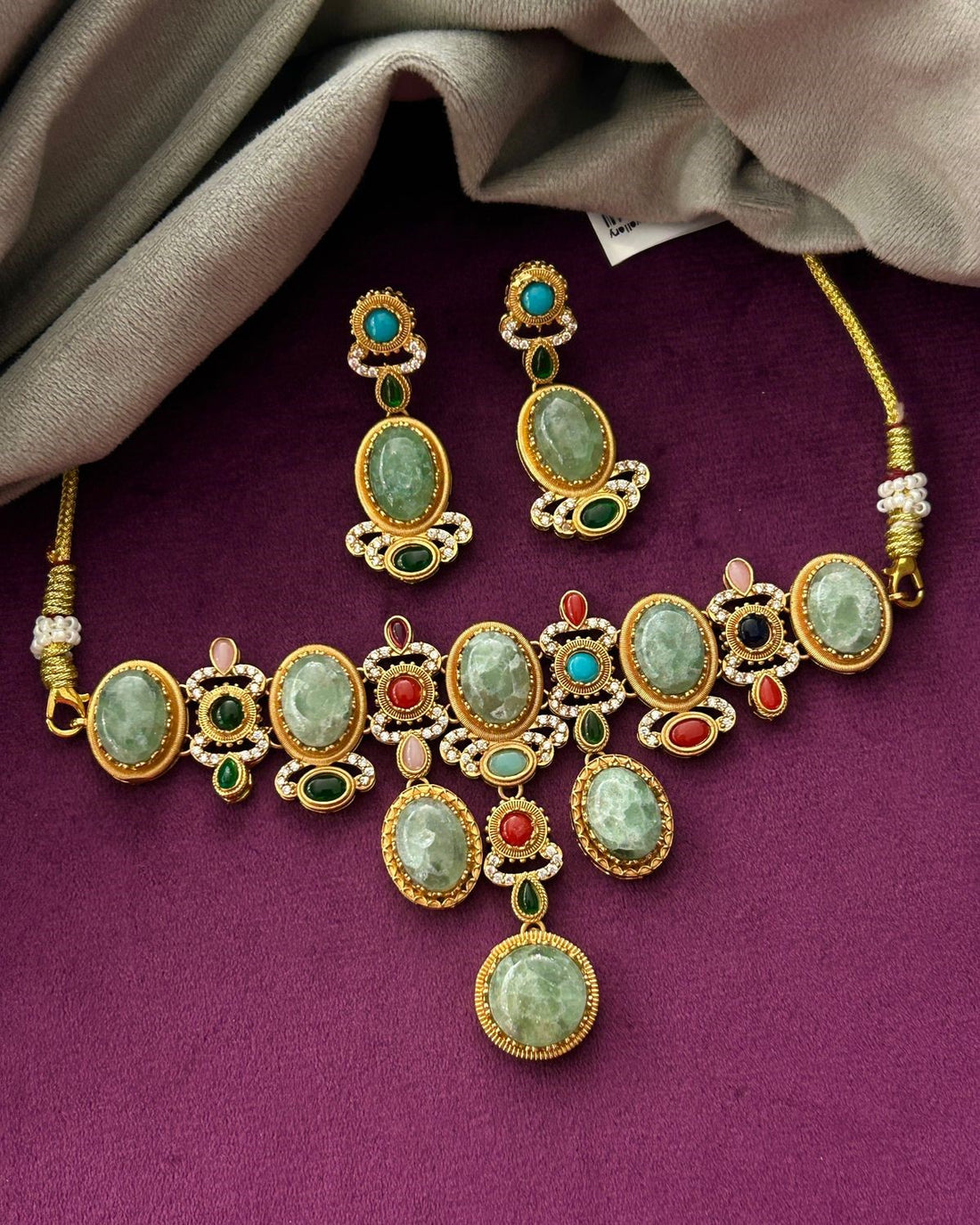 Premium Mint Green and Multicolor Stone Designer Necklace Set with Earrings