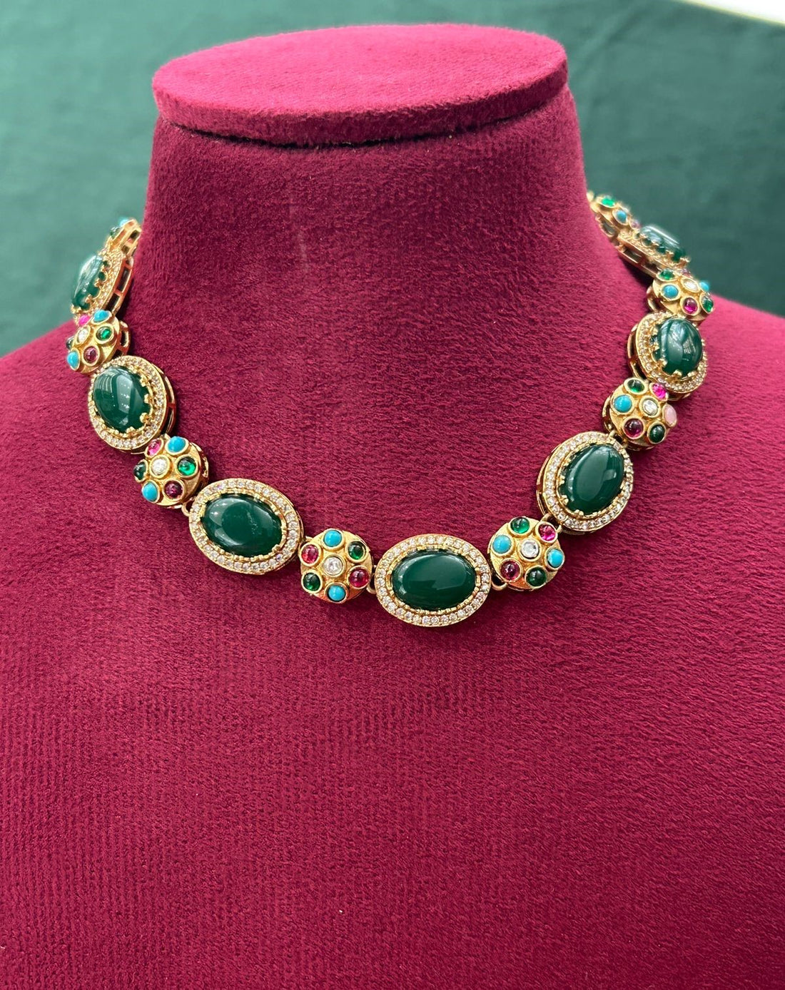 Premium Multicolor Oval Stone Statement Necklace Set (Green / Red / Yellow Variants)