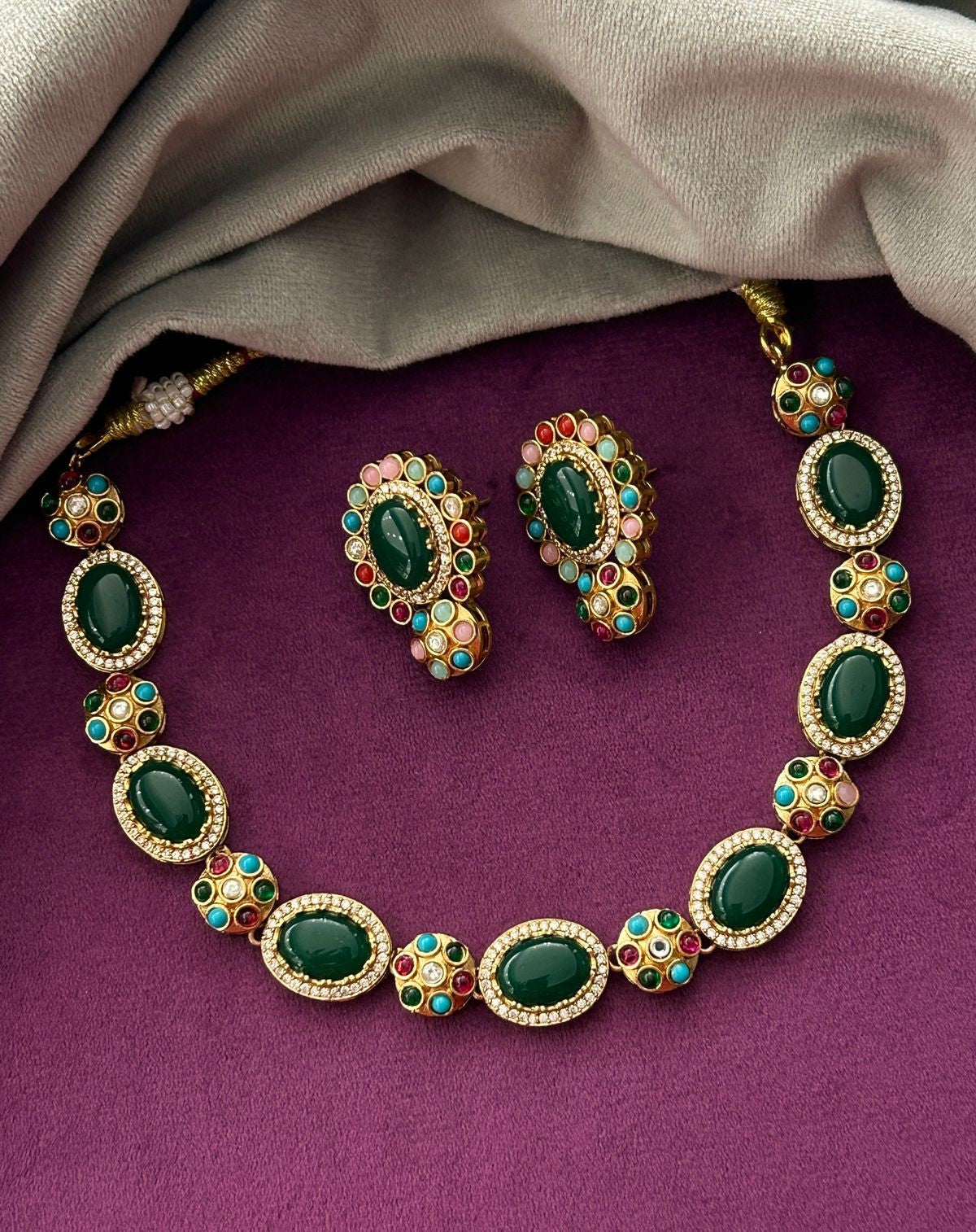 Premium Multicolor Oval Stone Statement Necklace Set (Green / Red / Yellow Variants)