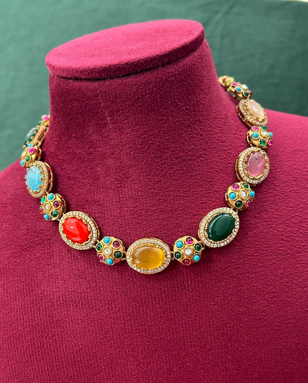 Premium Multicolor Oval Stone Statement Necklace Set (Green / Red / Yellow Variants)