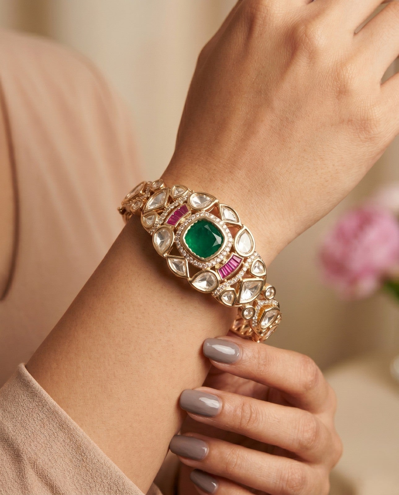 Royal Ruby Kundan Statement Openable Gold Plated Bracelet with Emerald Accents
