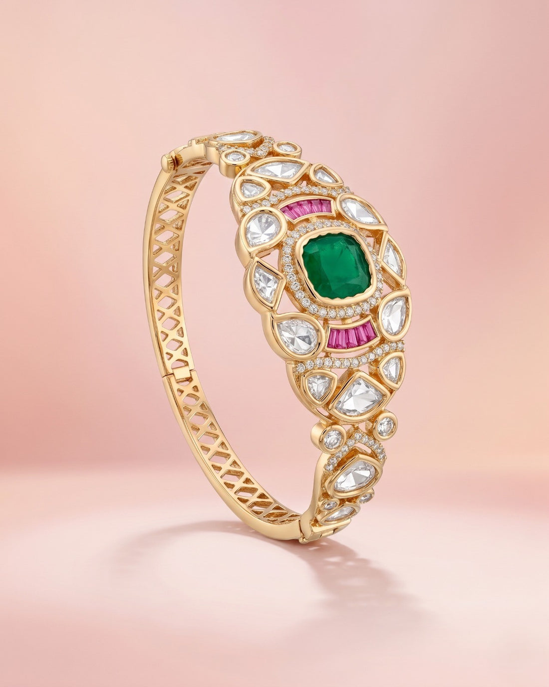 Royal Ruby Kundan Statement Openable Gold Plated Bracelet with Emerald Accents