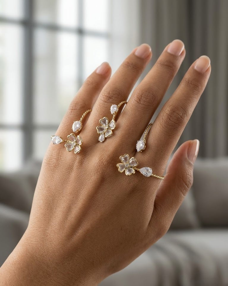 Noorika Floral Adjustable Rings for Women in Gold Tone