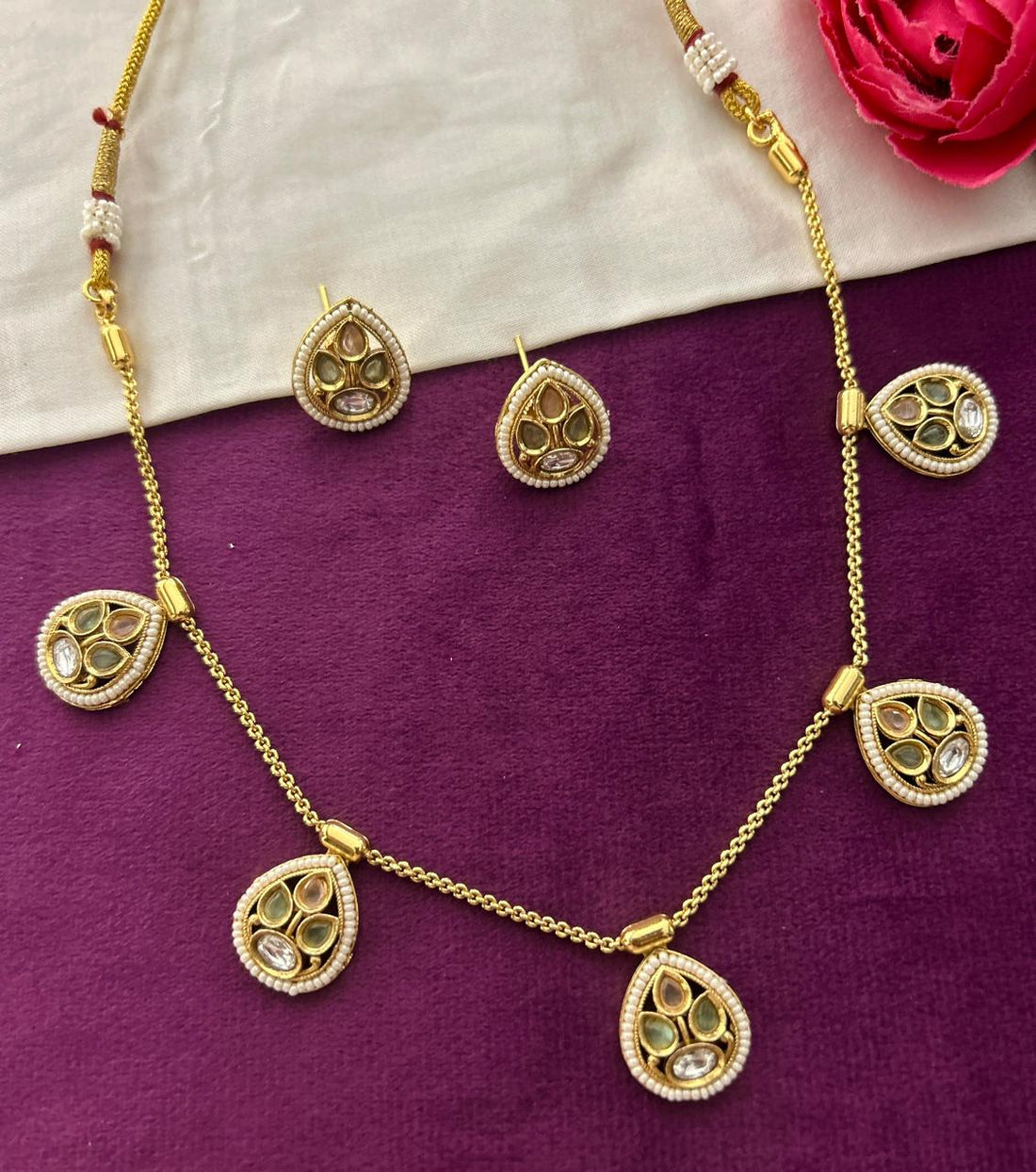 Teardrop Polki Chain Necklace Set with Stud Earrings | Gold Finish Festive Jewellery
