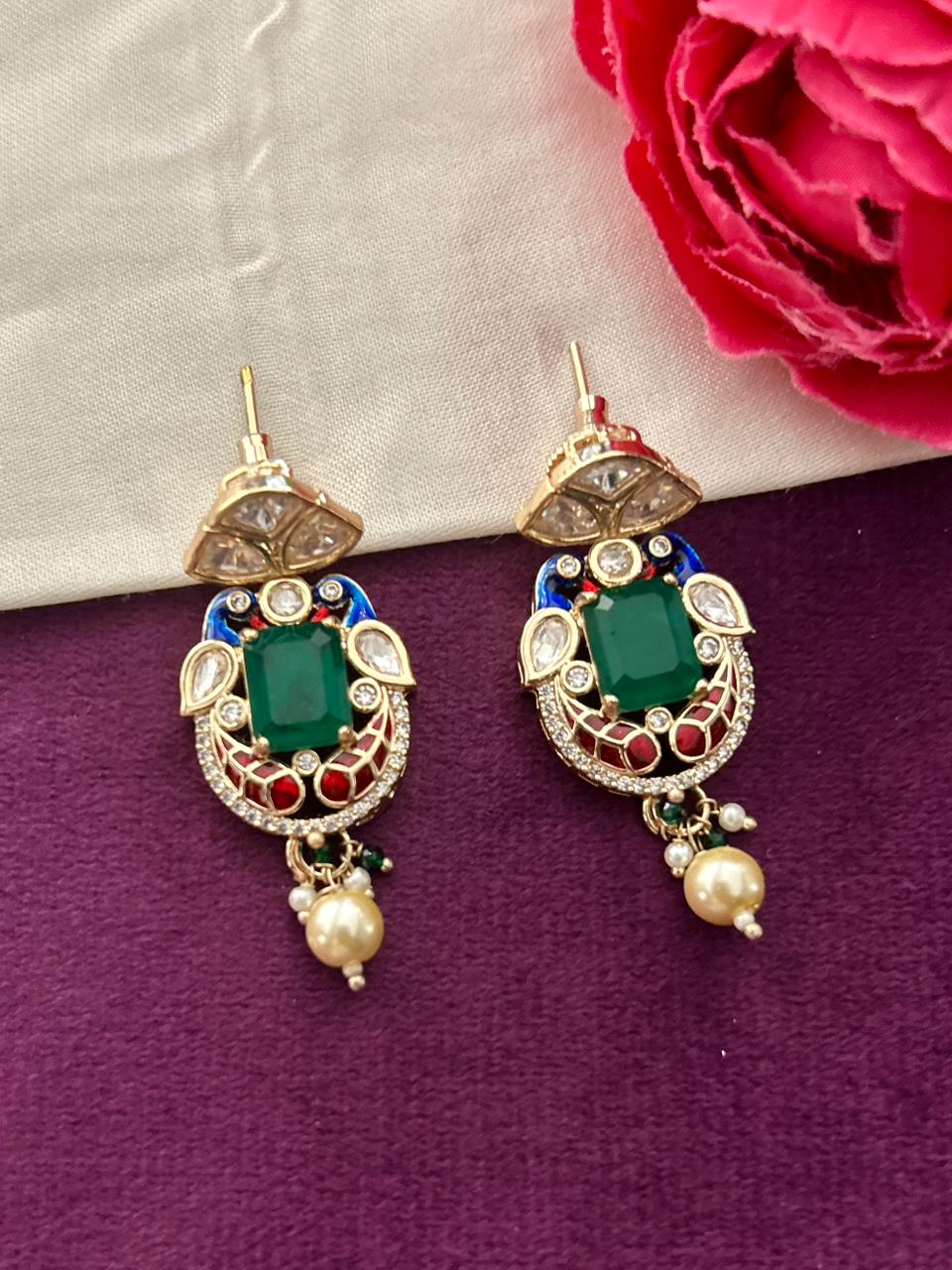 Kundan Pearl Choker Necklace Set Real Gold Tone with Ruby Red and Green Stone Detailing with Earrings