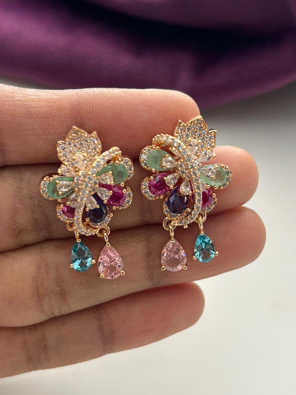 Mayurika Multicolor Floral Drop Earrings | Elegant CZ Party Wear Earrings