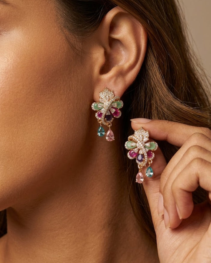 Mayurika Multicolor Floral Drop Earrings | Elegant CZ Party Wear Earrings