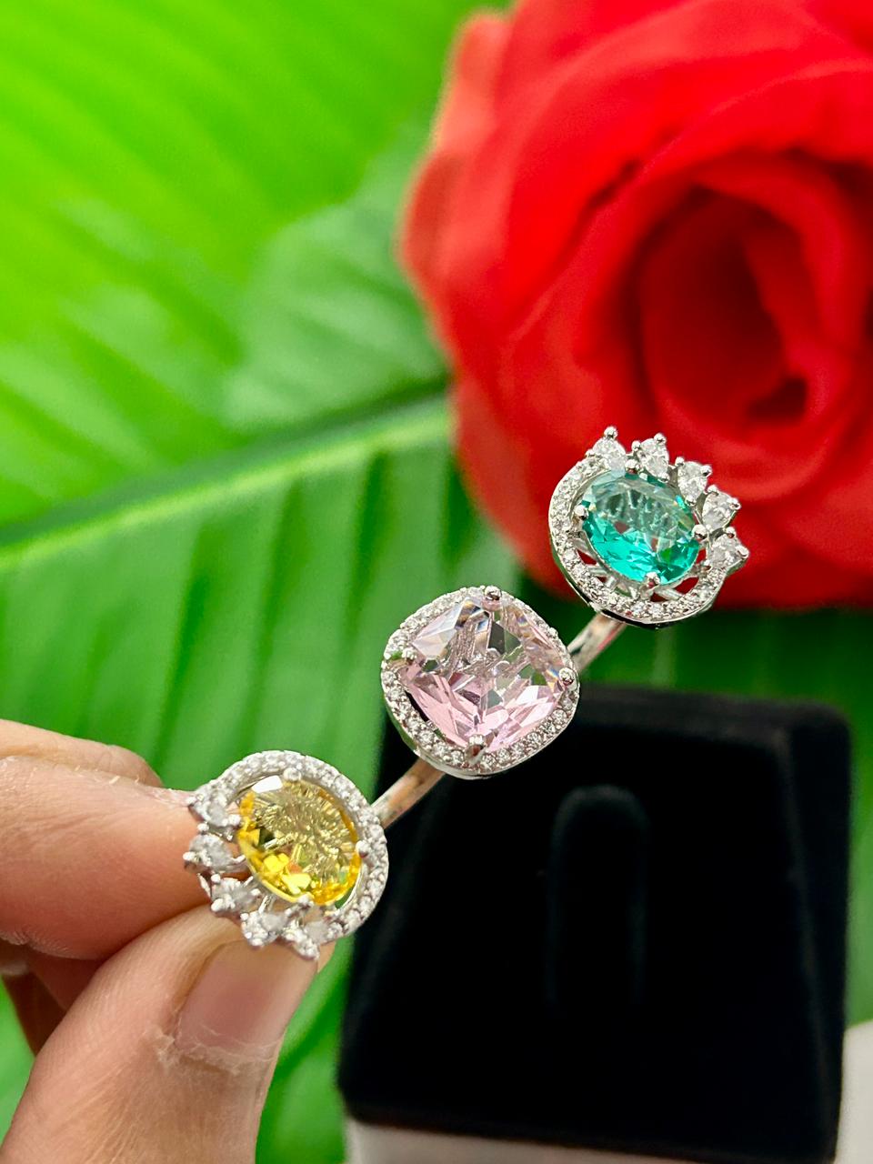 Meher Luxe Stone Adjustable Ring Trio – Elegant Crystal Statement Rings