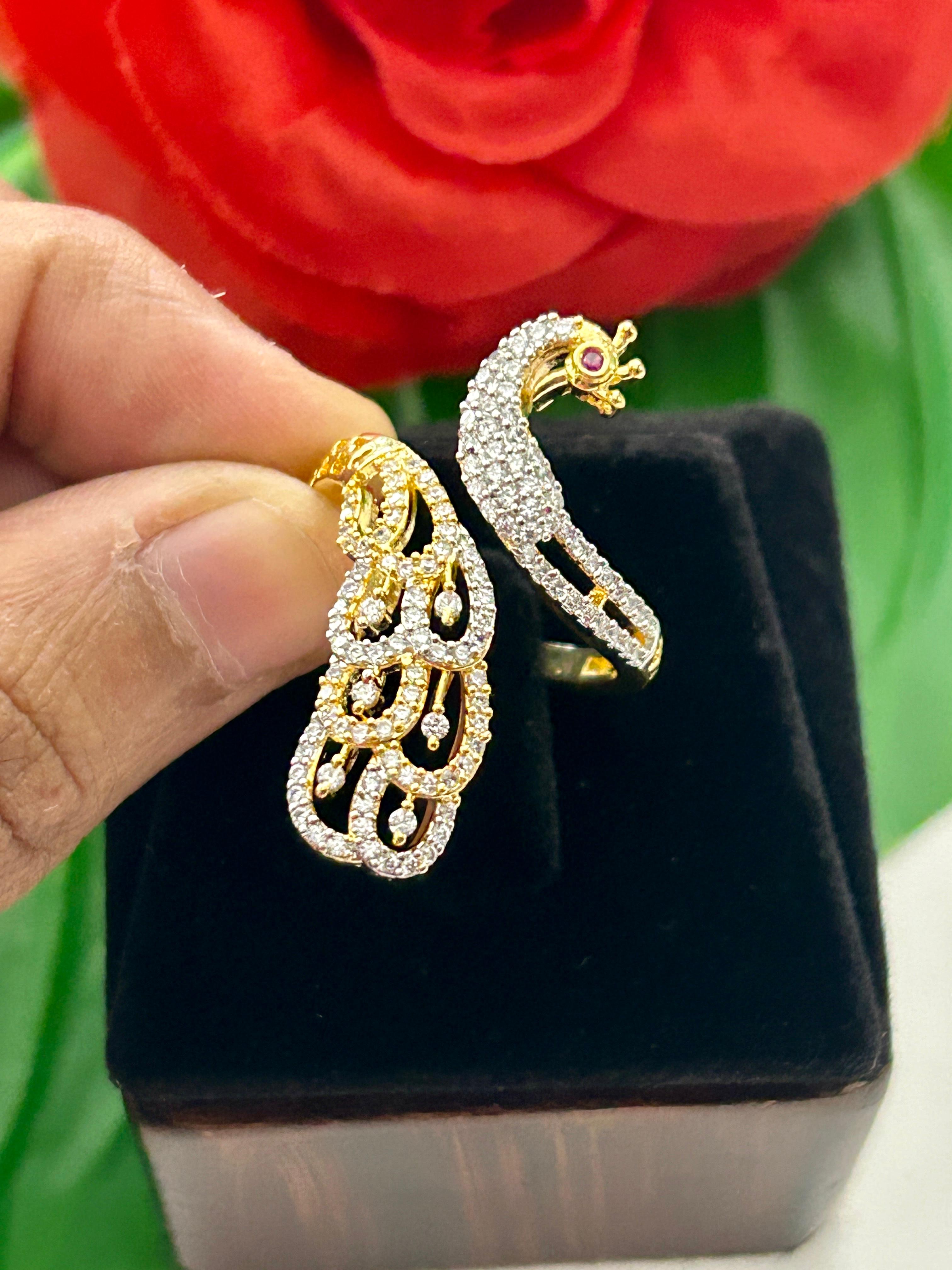 Mayurika Peacock AD Ring for Women Gold Tone Adjustable Designer Ring