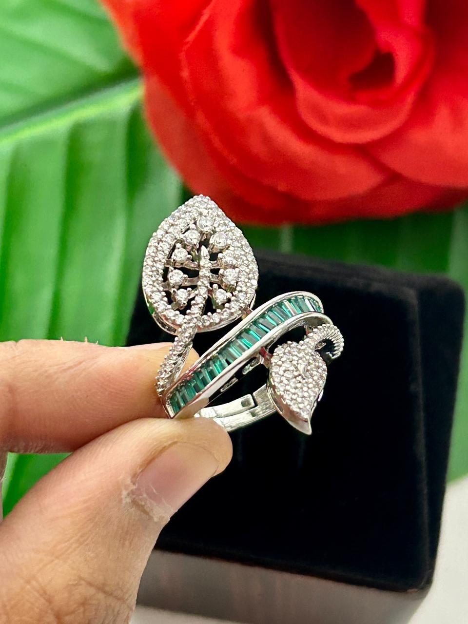 Gulnaar Leaf AD Ring for Women Silver Tone Adjustable Designer Ring