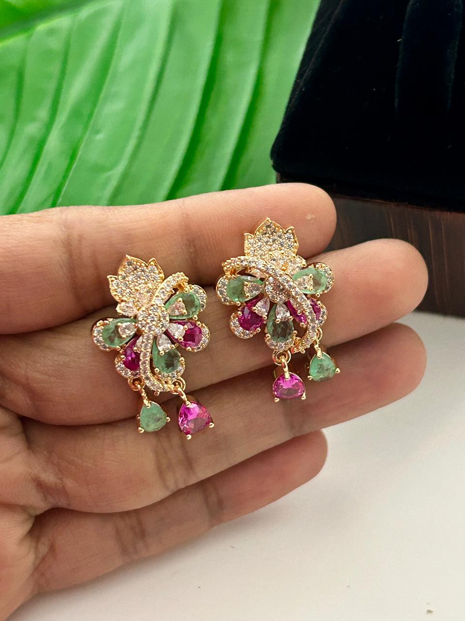 Mayurika Multicolor Floral Drop Earrings | Elegant CZ Party Wear Earrings