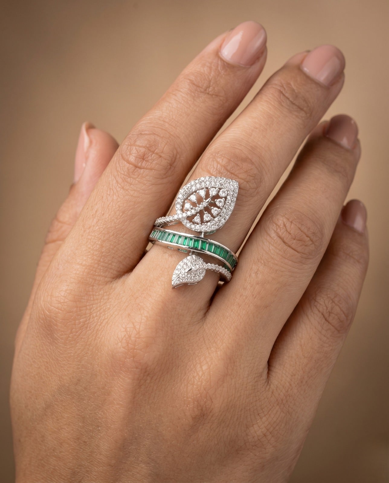 Gulnaar Leaf AD Ring for Women Silver Tone Adjustable Designer Ring