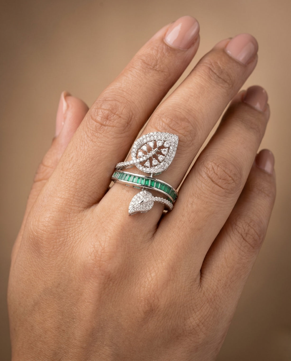 Gulnaar Leaf AD Ring for Women Silver Tone Adjustable Designer Ring