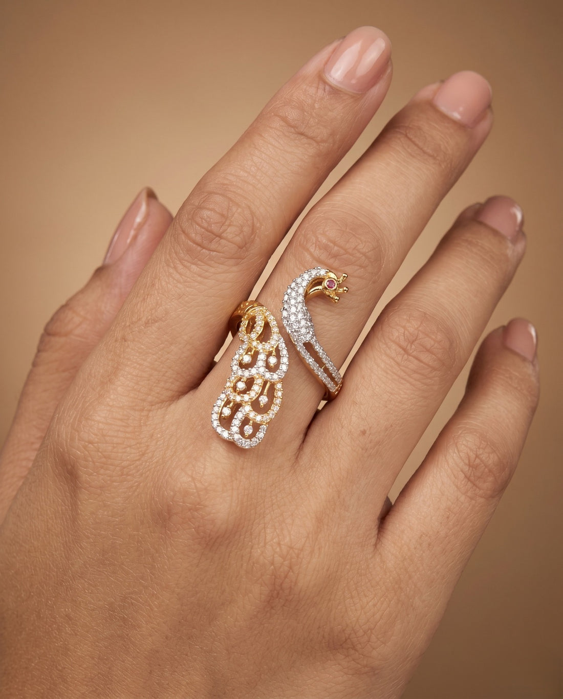 Mayurika Peacock AD Ring for Women Gold Tone Adjustable Designer Ring