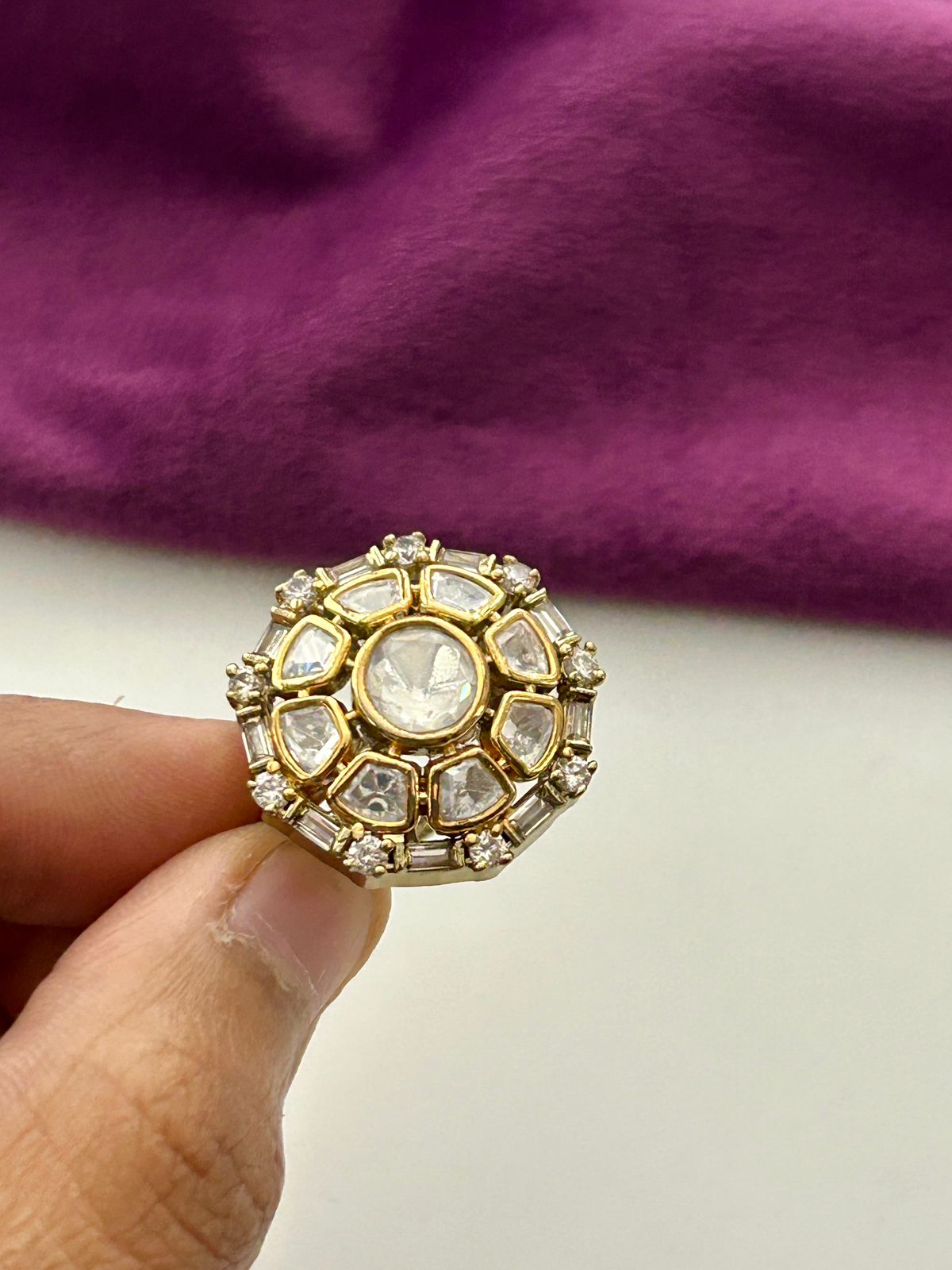 Meherza Kundan Ring for Women Gold Tone Adjustable Floral Statement Ring