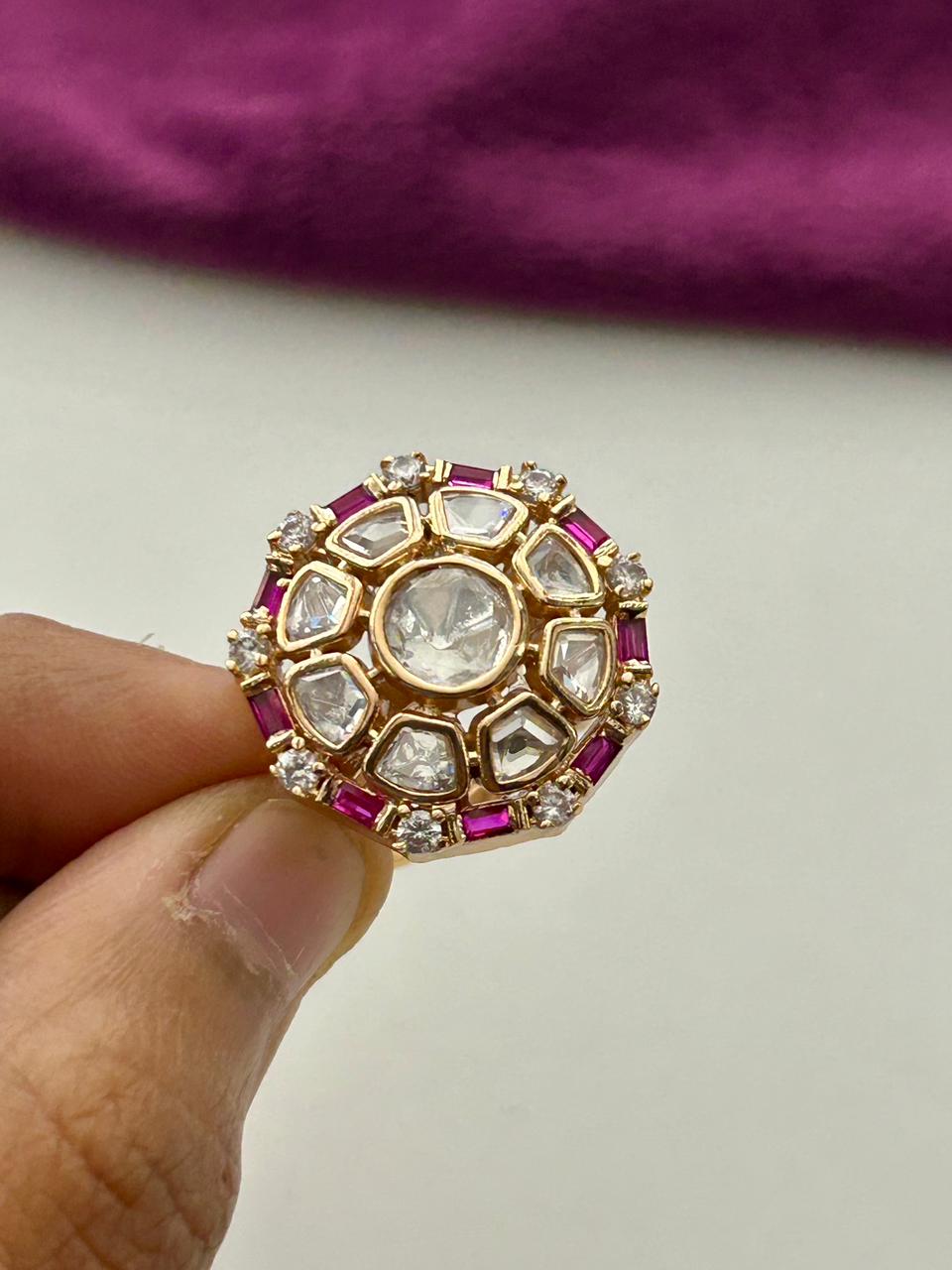 Meherza Kundan Ring for Women Gold Tone Adjustable Floral Statement Ring