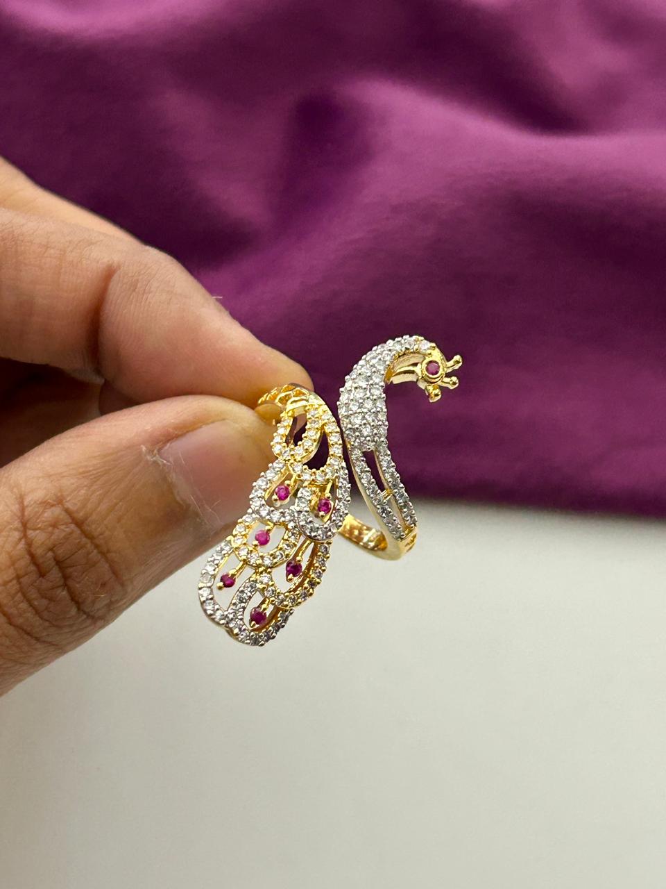 Mayurika Peacock AD Ring for Women Gold Tone Adjustable Designer Ring