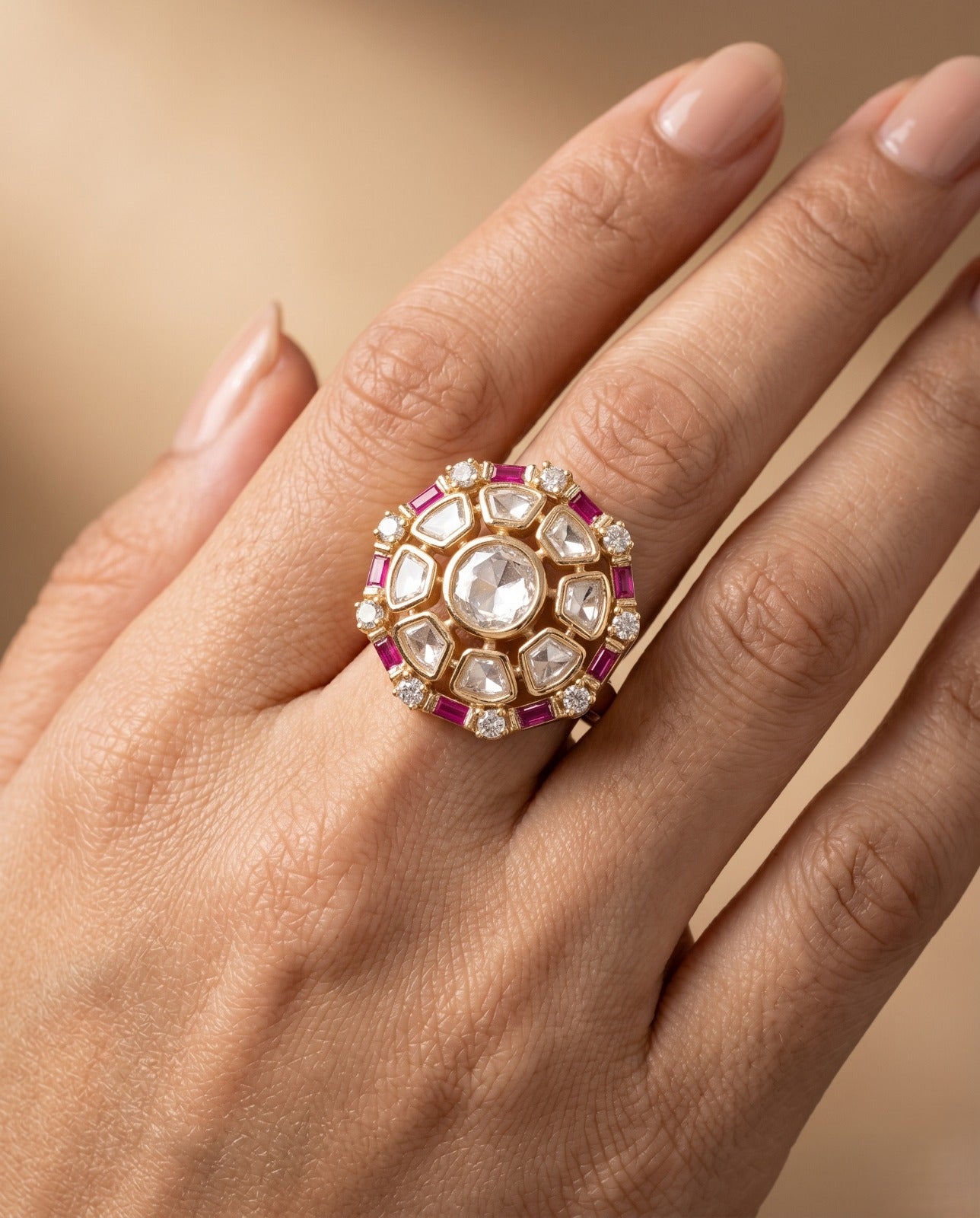 Meherza Kundan Ring for Women Gold Tone Adjustable Floral Statement Ring