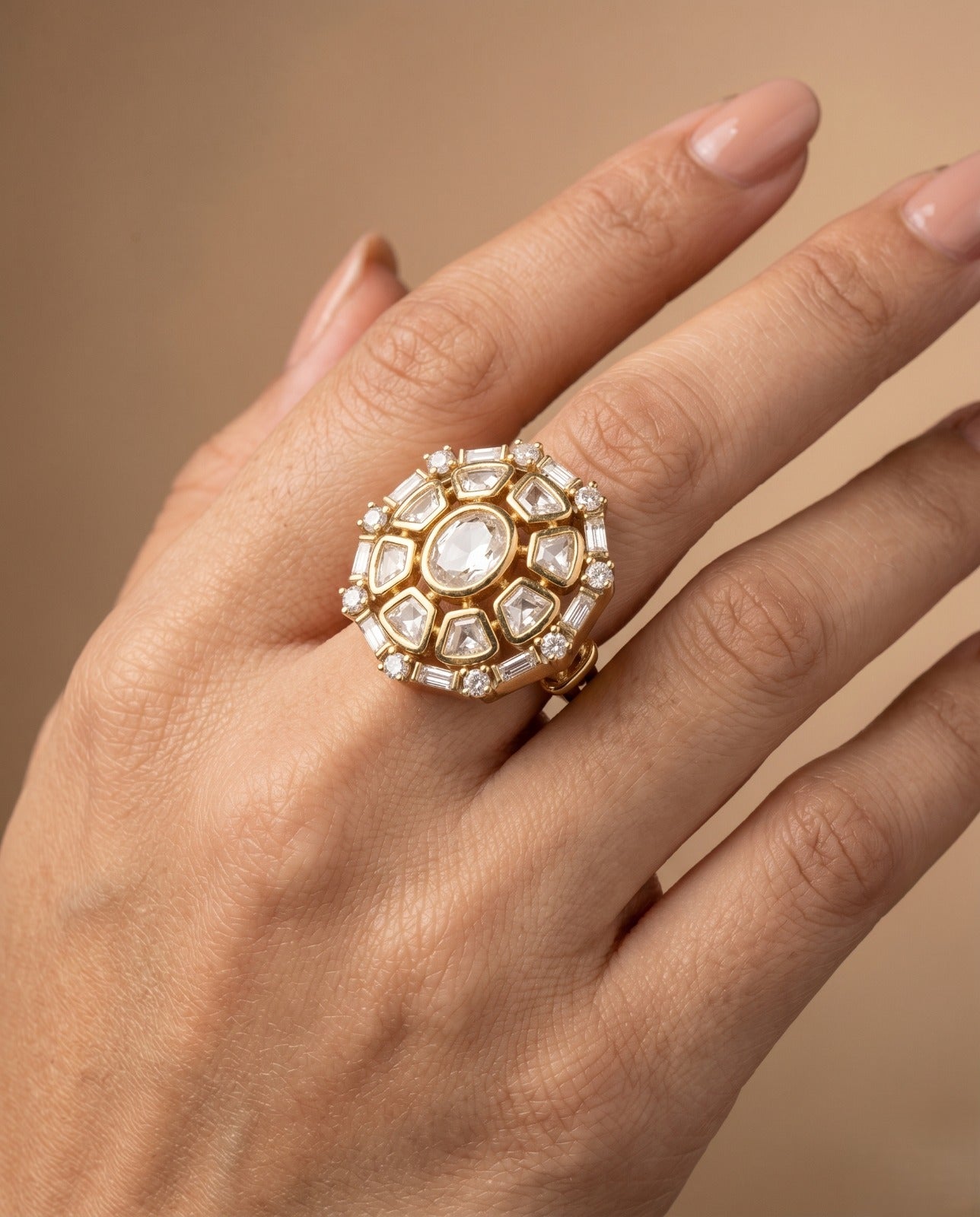 Meherza Kundan Ring for Women Gold Tone Adjustable Floral Statement Ring