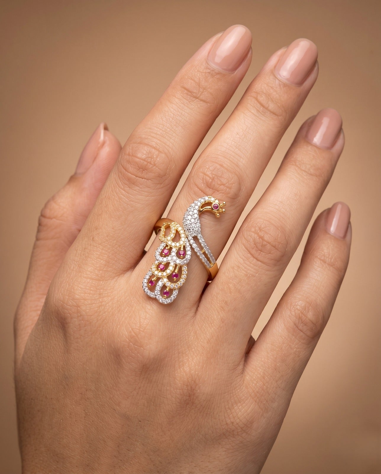 Mayurika Peacock AD Ring for Women Gold Tone Adjustable Designer Ring