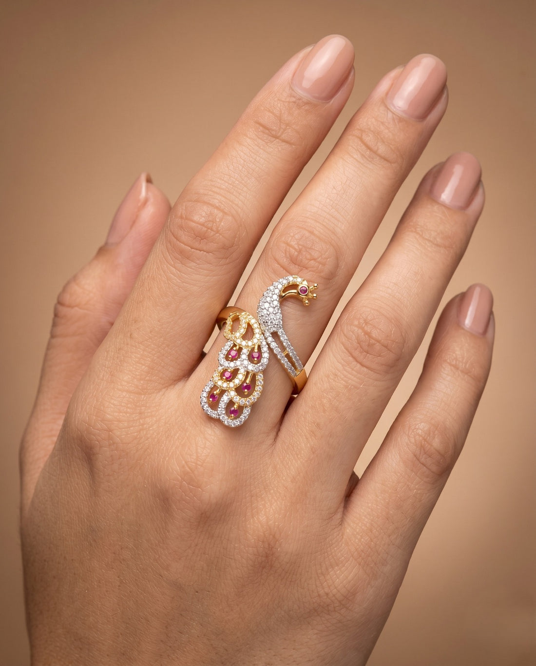 Mayurika Peacock AD Ring for Women Gold Tone Adjustable Designer Ring