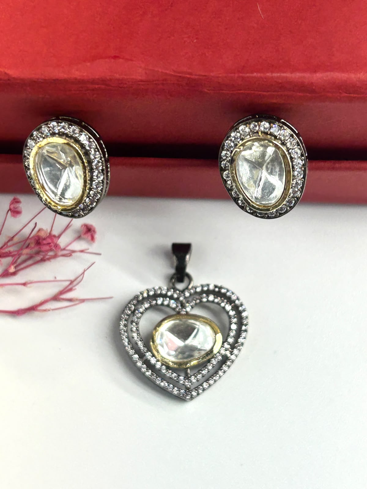 Premium Oxidised Black Heart Crystal Pendant with Chain & Matching Earrings