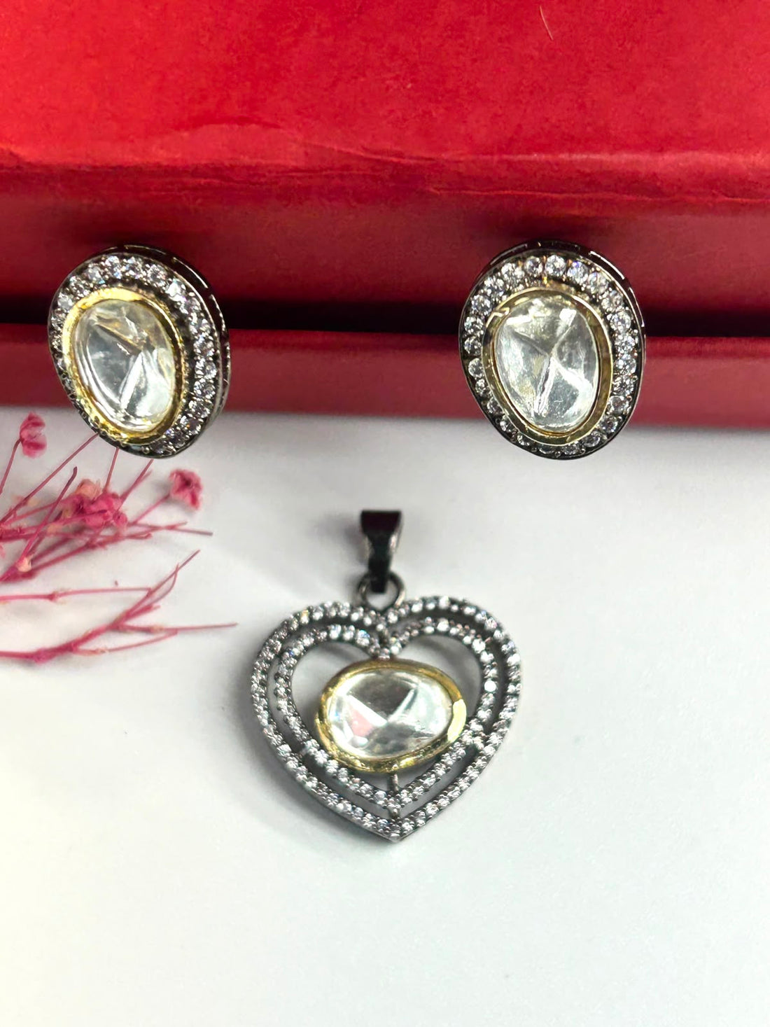 Premium Oxidised Black Heart Crystal Pendant with Chain & Matching Earrings