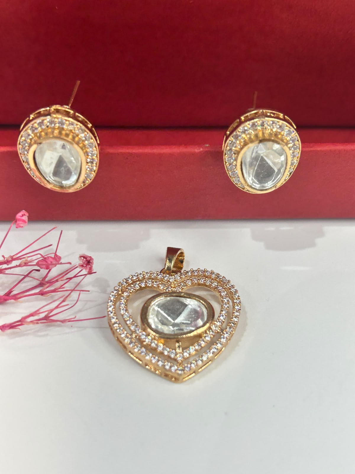 Premium Gold Tone Heart Halo Oval Diamond Pendant with Chain & Matching Earrings