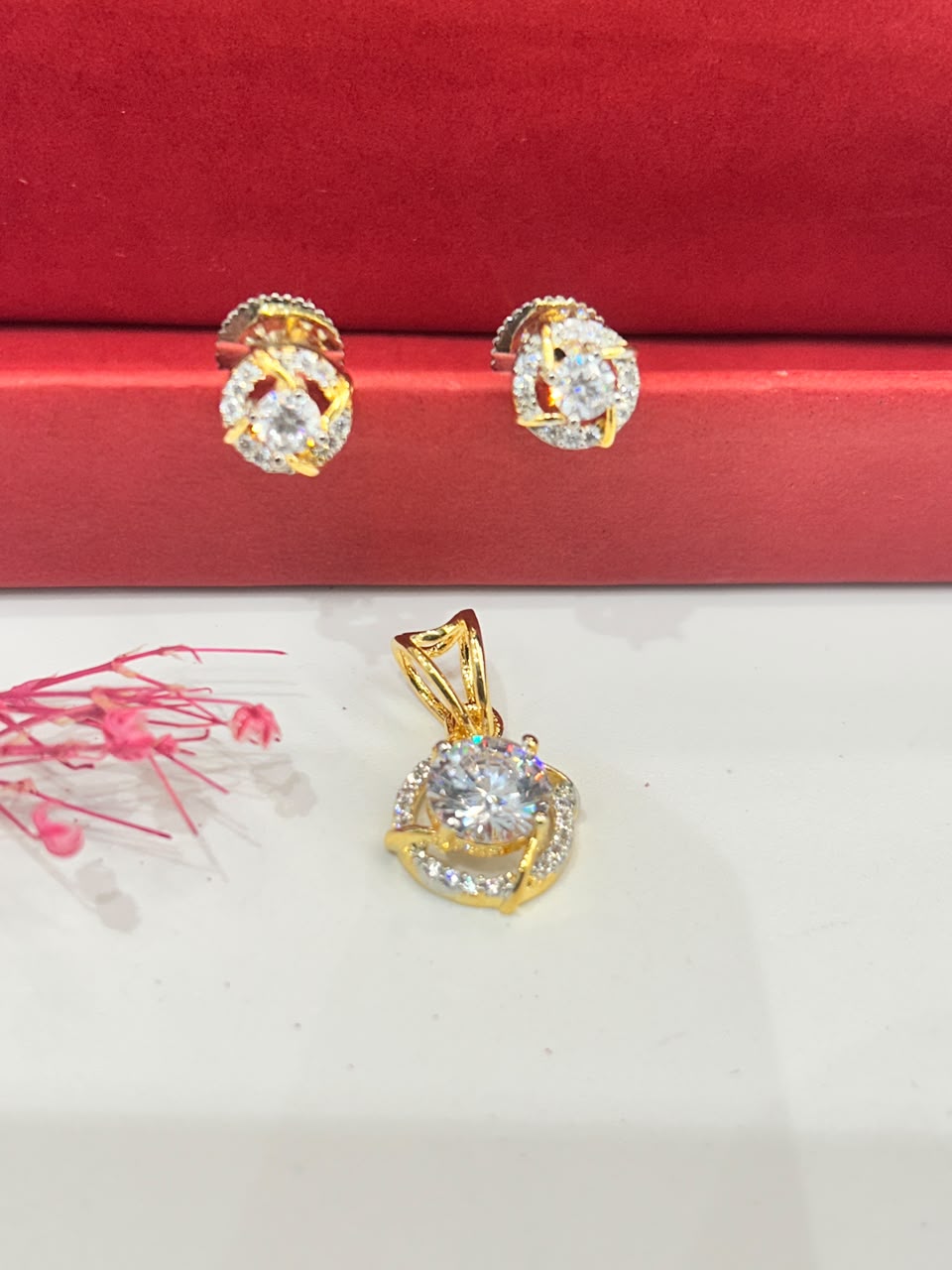Premium Solitaire Sparkle Pendant Set with Chain & Earrings (Gold / Silver Finish)