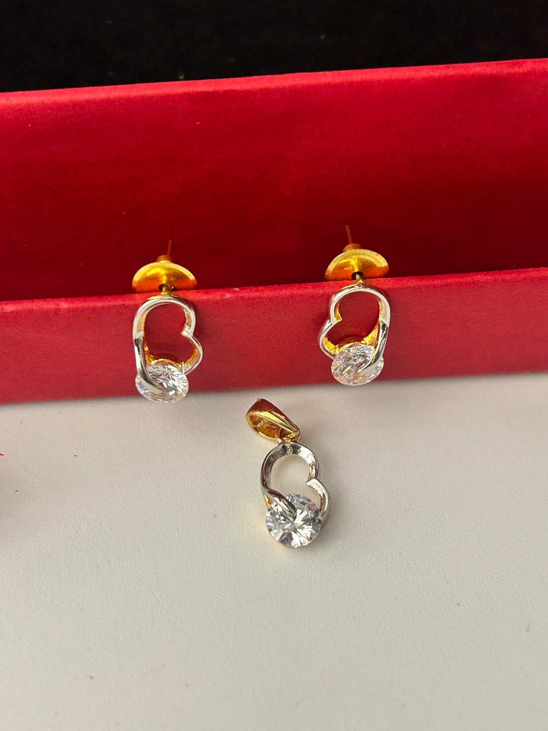 Premium Dual Tone Heart Diamond Pendant with Chain & Matching Earrings