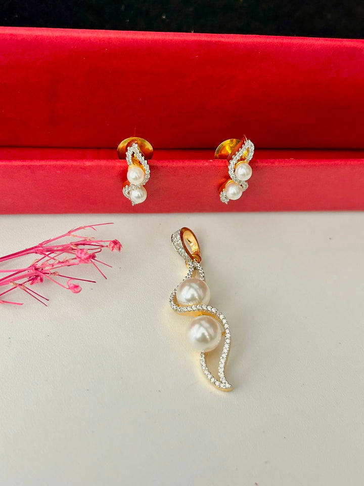Premium Dual Tone Diamond Swirl Pendant with Chain & Matching Earrings