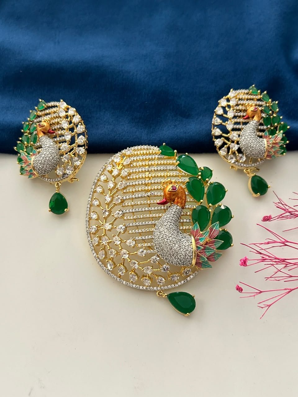 Morangi Emerald Peacock Pendant Set
