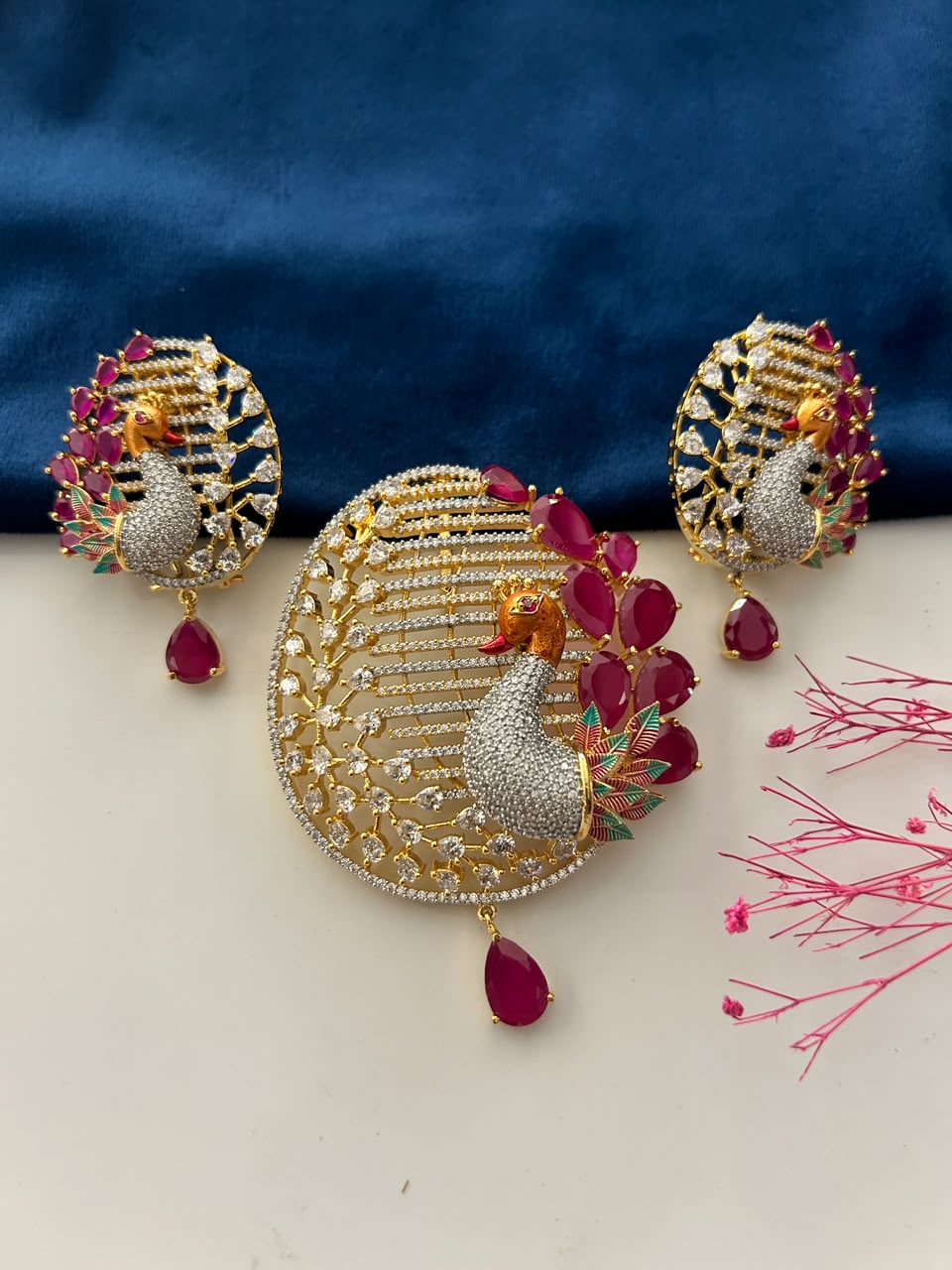 Morangi Emerald Peacock Pendant Set
