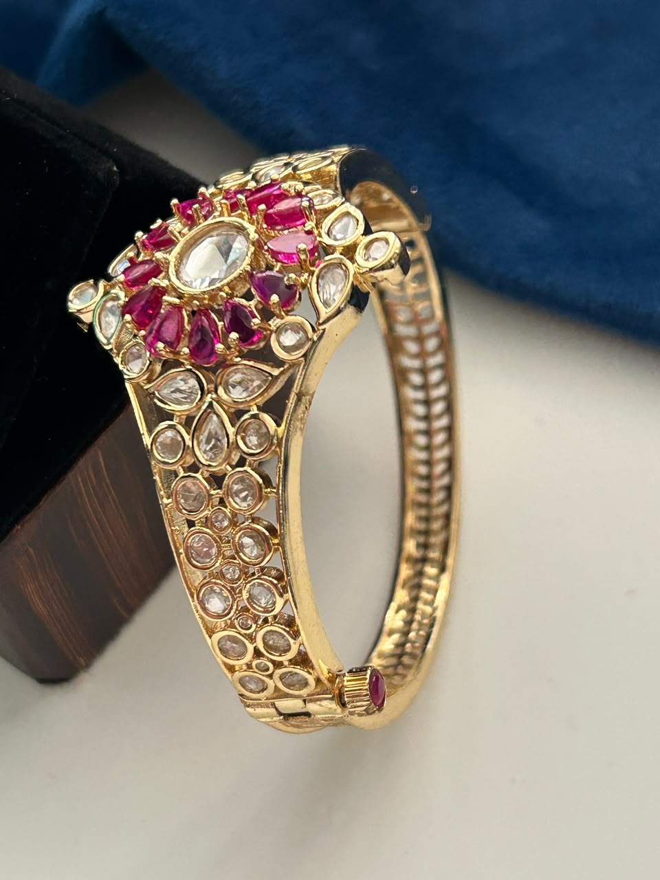 Pannika Green Stone Kundan  Floral Polki Style Oenable Bracelet  for Women