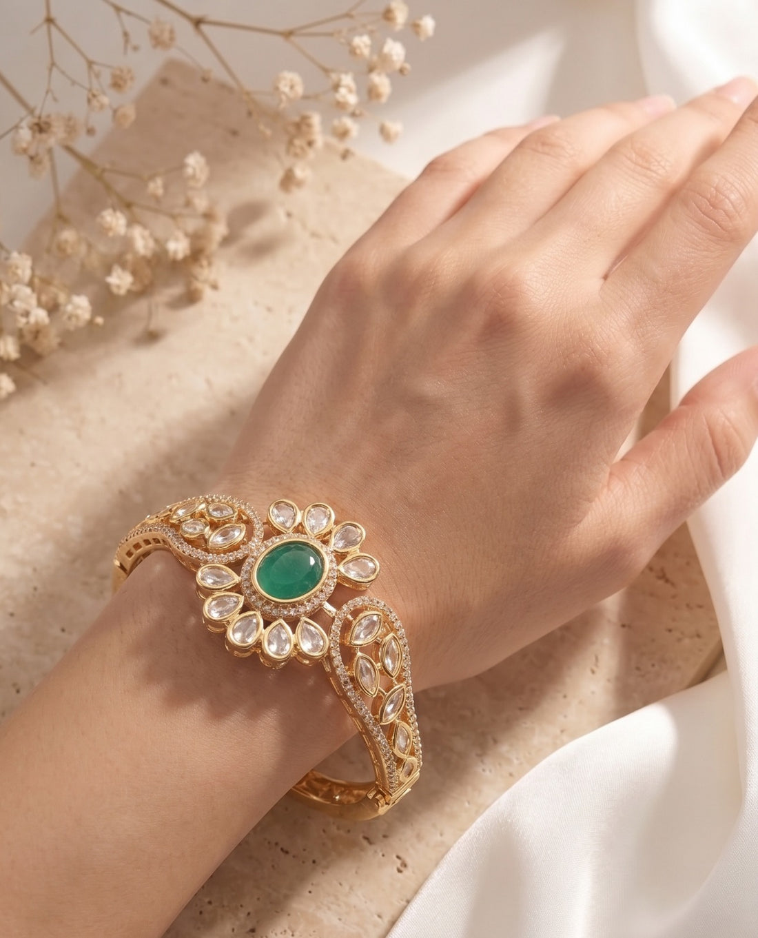Noorva Floral Kundan  Traditional Polki Style Openable  Bracelet  for Women