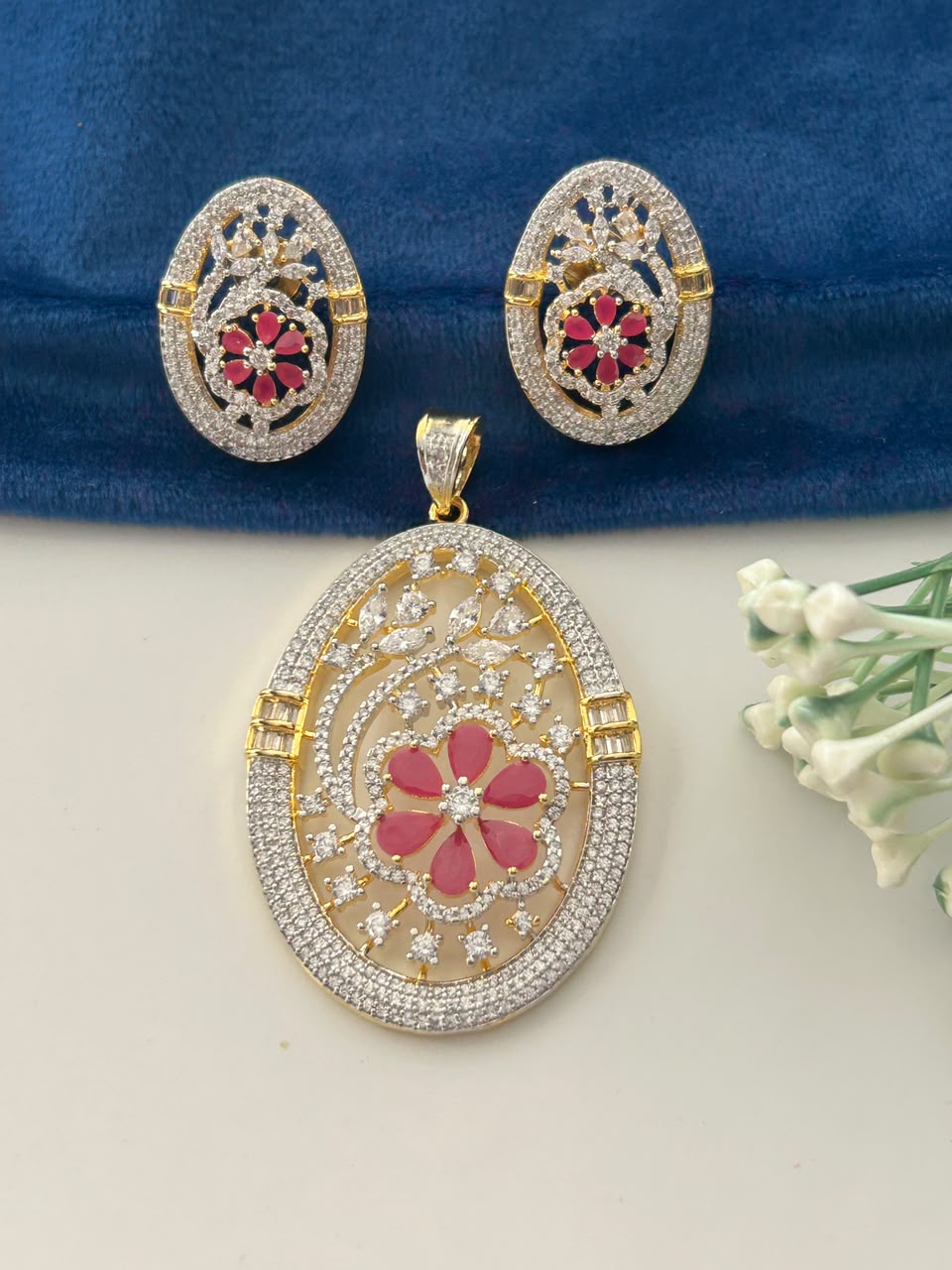 Pushpika Ruby Bloom Screw Pech Pendant Set