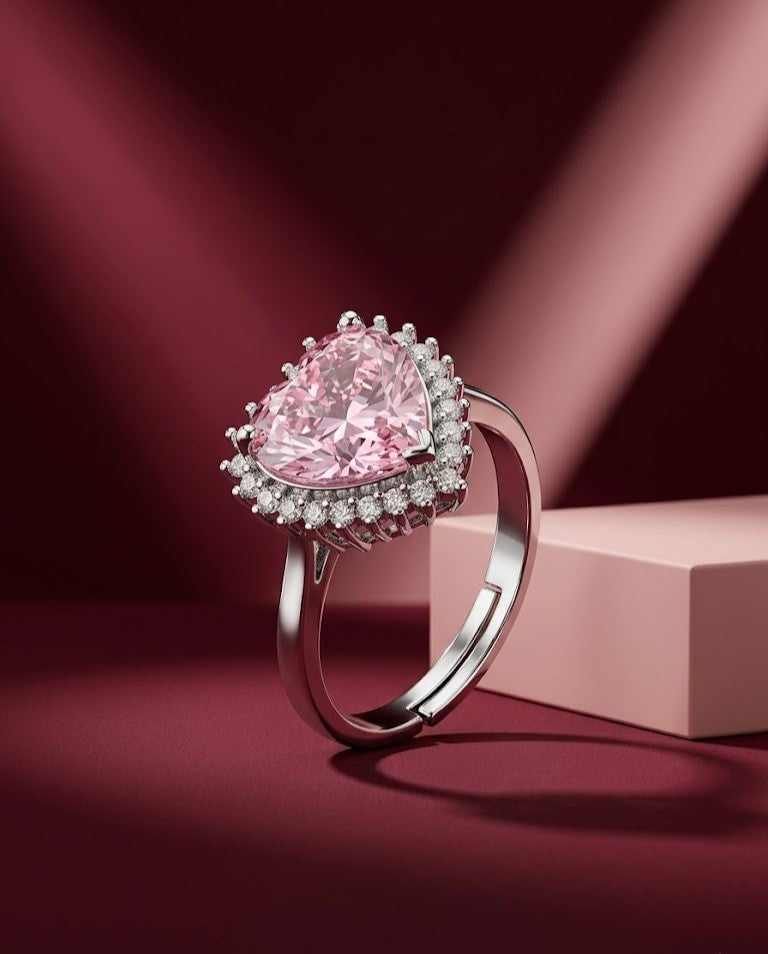 Gulnaaz Blush Heart Ring – Pink Crystal Halo Statement Ring