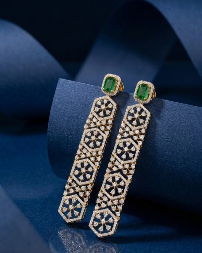Luxury Geometric Diamond Drop Earrings – Green TOP Stone with White Diamonds in Gold & Silver Polish