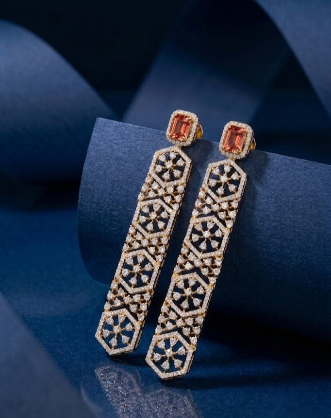 Luxury Geometric Diamond Drop Earrings – Red TOP Stone with White Diamonds in Gold & Silver Polish