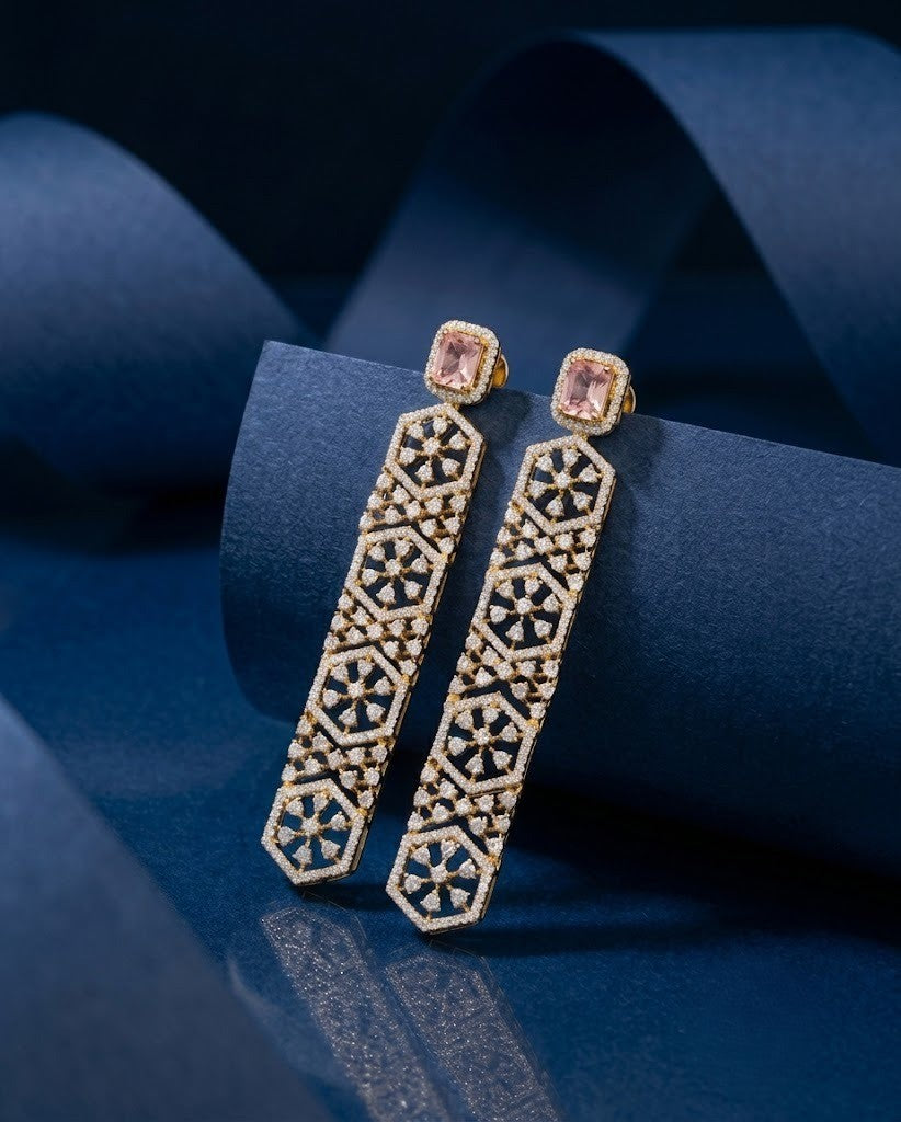 Geometric Diamond Drop Earrings – Light Pink TOP Stone with White Diamonds in Silver Polish
