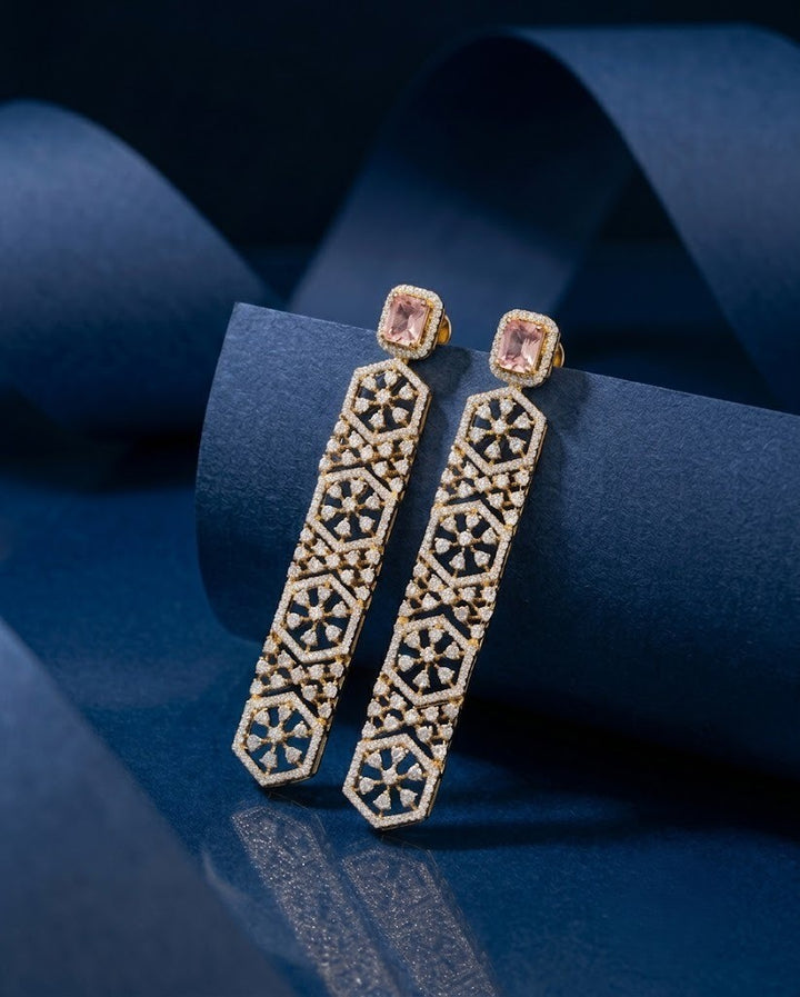 Geometric Diamond Drop Earrings – Light Pink TOP Stone with White Diamonds in Silver Polish