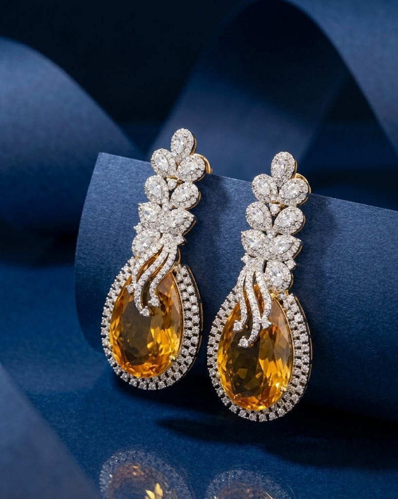 Diamond Drop Earrings – Yellow TOP Stone with White Diamonds in Silver Polish