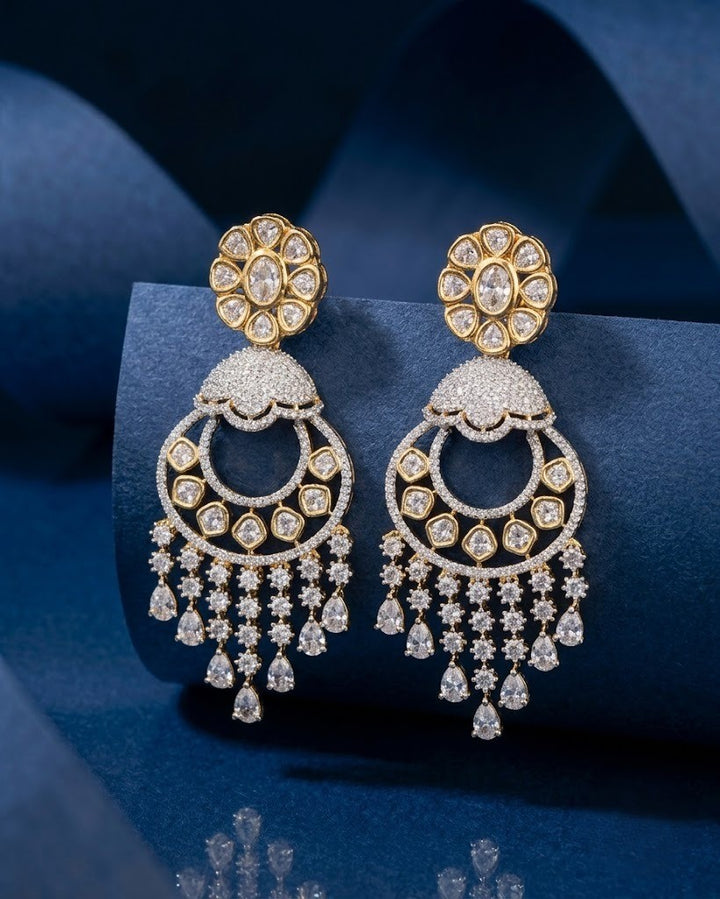 Floral Chandbali Diamond Earrings – White Stone with Gold & Silver Polish