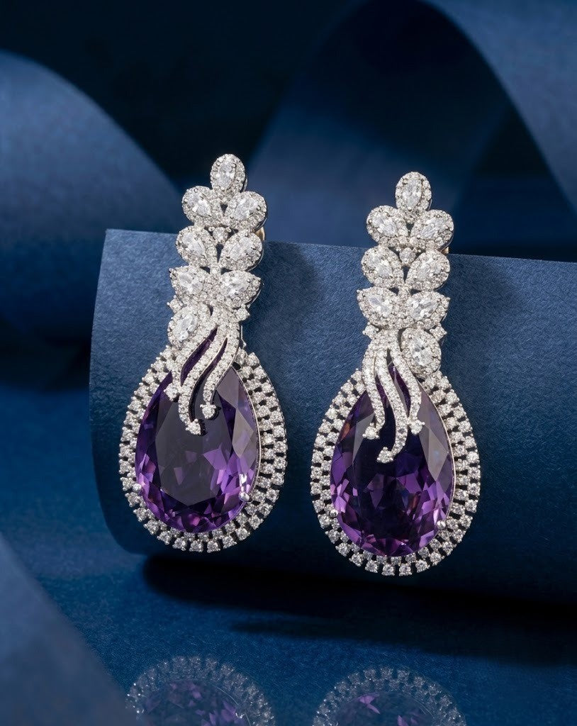 Teardrop Diamond Earrings – Purple TOP Stone with White Diamonds in Silver Polish
