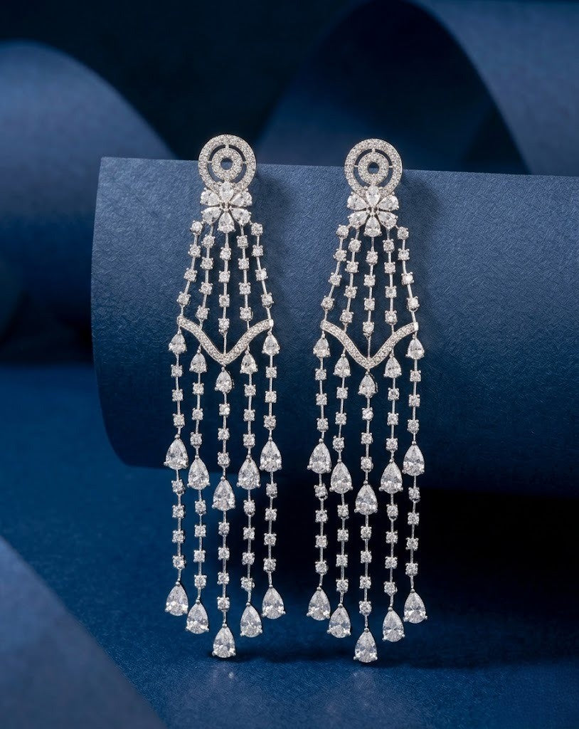 Long Tassel Diamond Earrings – White Stones in Silver Polish