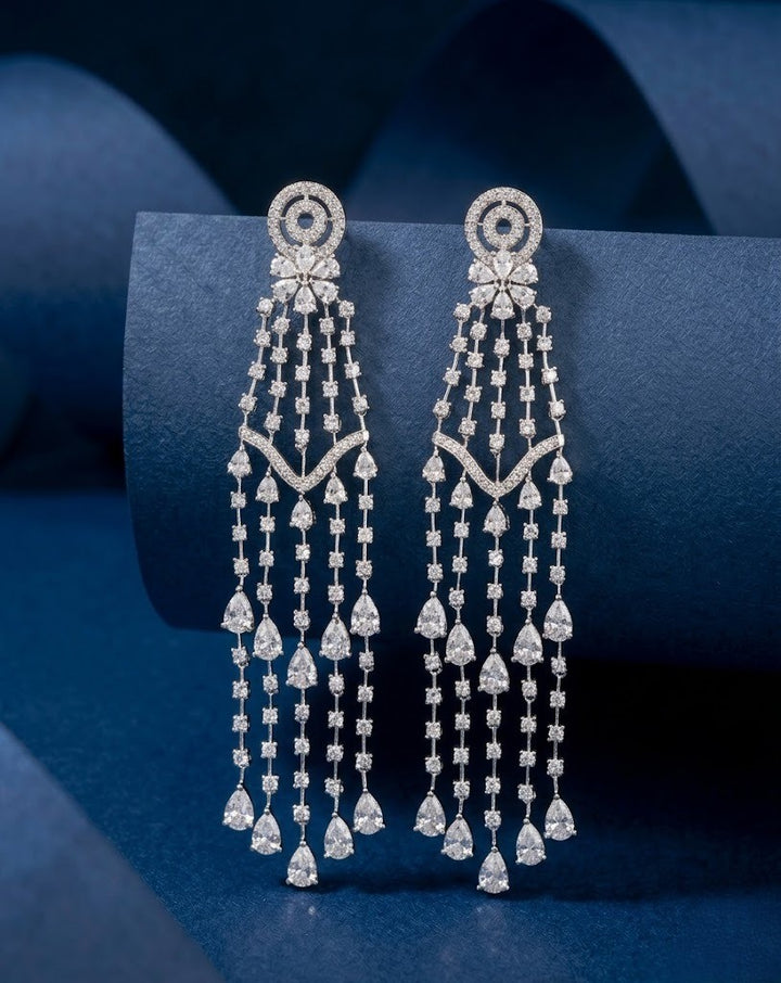 Long Tassel Diamond Earrings – White Stones in Silver Polish