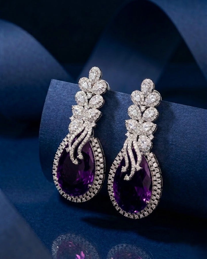 Teardrop Diamond Earrings – Dark Purple TOP Stone with White Diamonds in Silver Polish